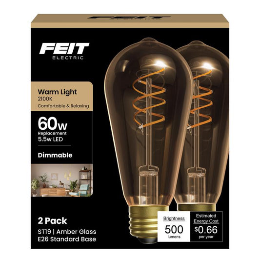 Feit ST19 E26 (Medium) Filament LED Bulb Amber 60 Watt Equivalence 2 pk