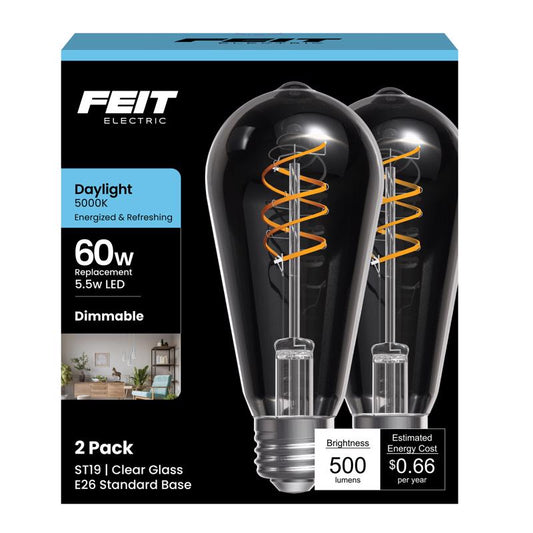 Feit ST19 E26 (Medium) Filament LED Bulb Daylight 60 Watt Equivalence 2 pk