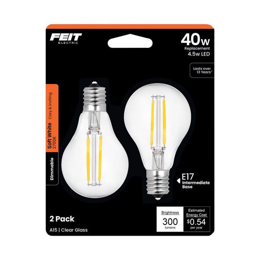 Feit Performance A15 E17 (Intermediate) LED Bulb Soft White 40 Watt Equivalence 2 pk
