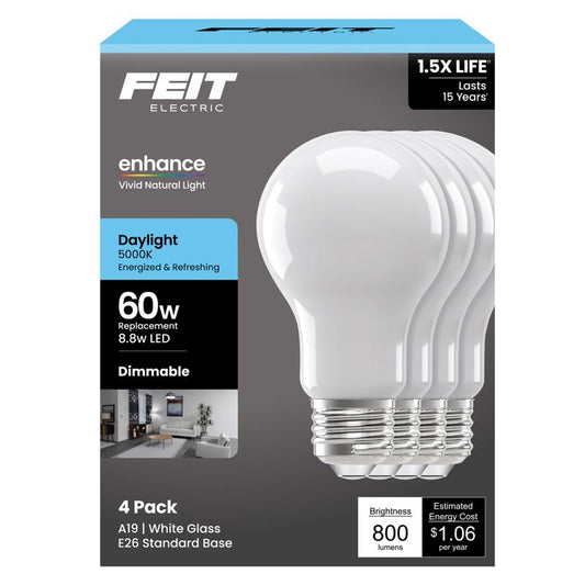 Feit Enhance A19 E26 (Medium) LED Bulb Daylight 60 Watt Equivalence 4 pk
