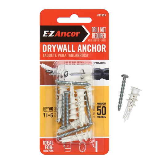 E-Z Ancor 1/4 in. D X 1-1/4 in. L Nylon Ribbed Head Drywall Anchor 6 pc