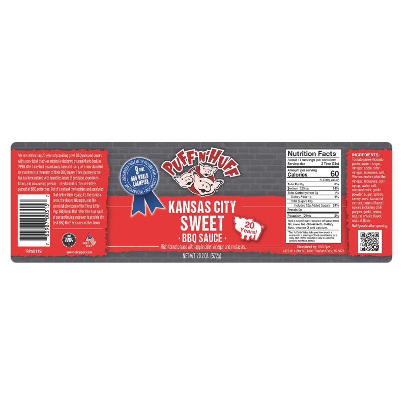 Three Little Pigs Puff N Huff KC Sweet BBQ Sauce 20.2 oz